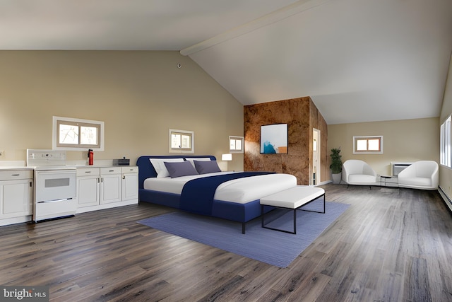 bedroom with dark hardwood / wood-style flooring and high vaulted ceiling