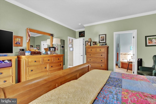 bedroom featuring light carpet and crown molding