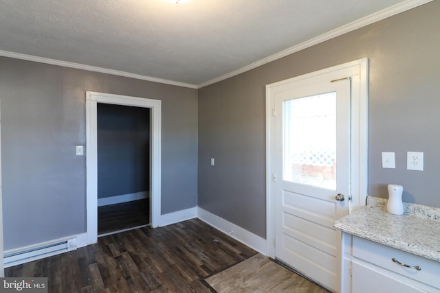 doorway to outside featuring a textured ceiling, crown molding, a baseboard heating unit, and dark wood-type flooring