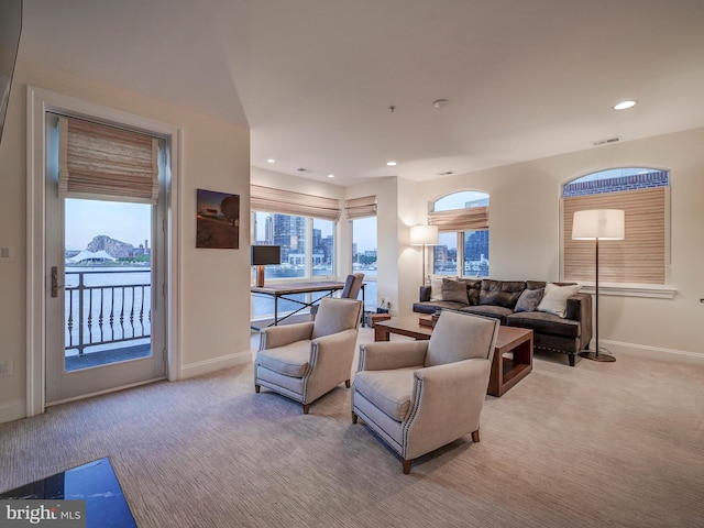 living room featuring light carpet