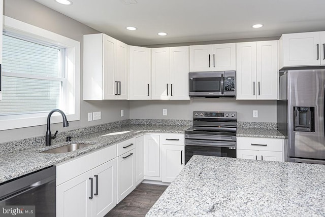 kitchen with dark hardwood / wood-style flooring, sink, light stone counters, and stainless steel appliances