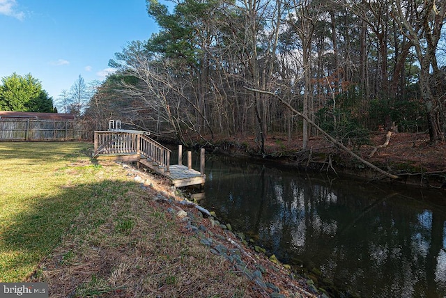 dock area featuring a water view and a yard