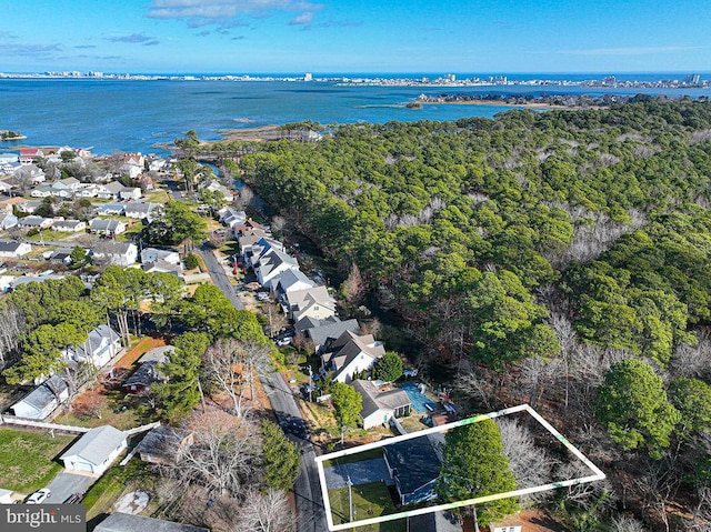 bird's eye view with a water view