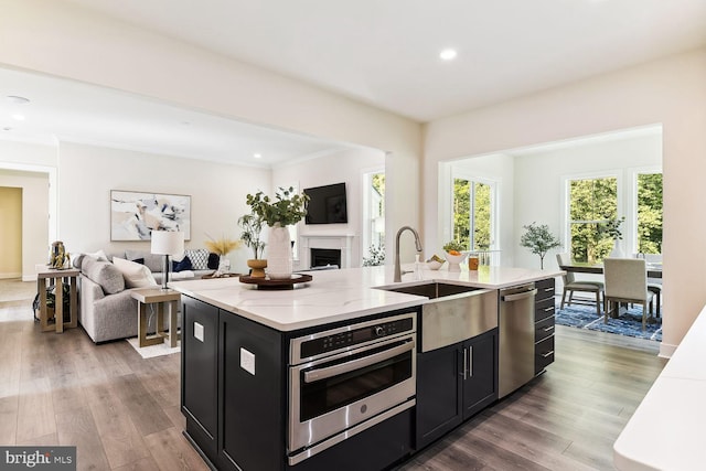 kitchen featuring hardwood / wood-style flooring, an island with sink, stainless steel appliances, light stone countertops, and sink