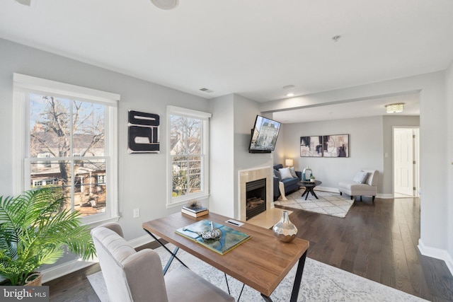 living room featuring dark hardwood / wood-style flooring