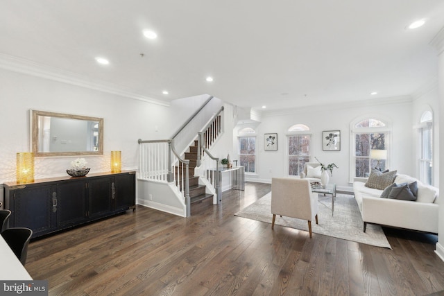 living room featuring ornamental molding and dark wood-type flooring