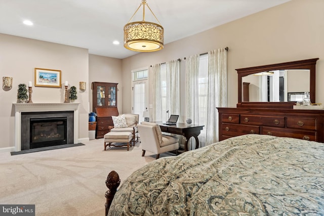 bedroom with light carpet