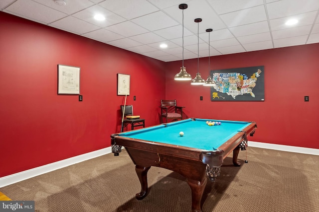 playroom featuring a drop ceiling, dark carpet, and billiards