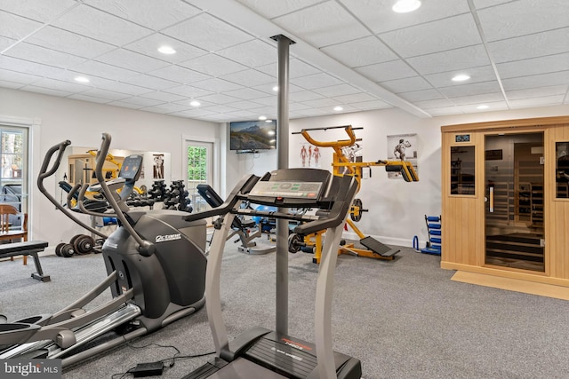 exercise area featuring a paneled ceiling, carpet flooring, and plenty of natural light