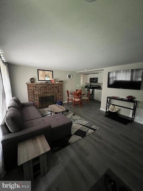 living room with a fireplace and dark hardwood / wood-style flooring