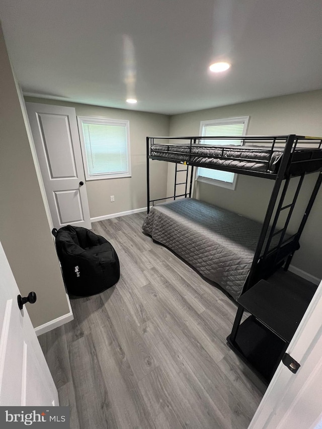 bedroom with multiple windows and wood-type flooring