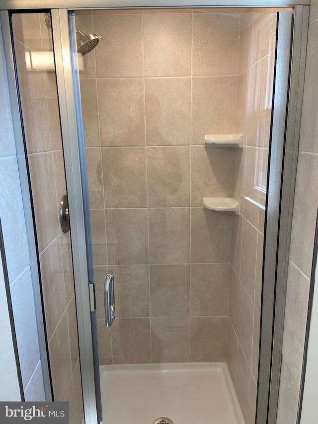 bathroom with a shower with shower door