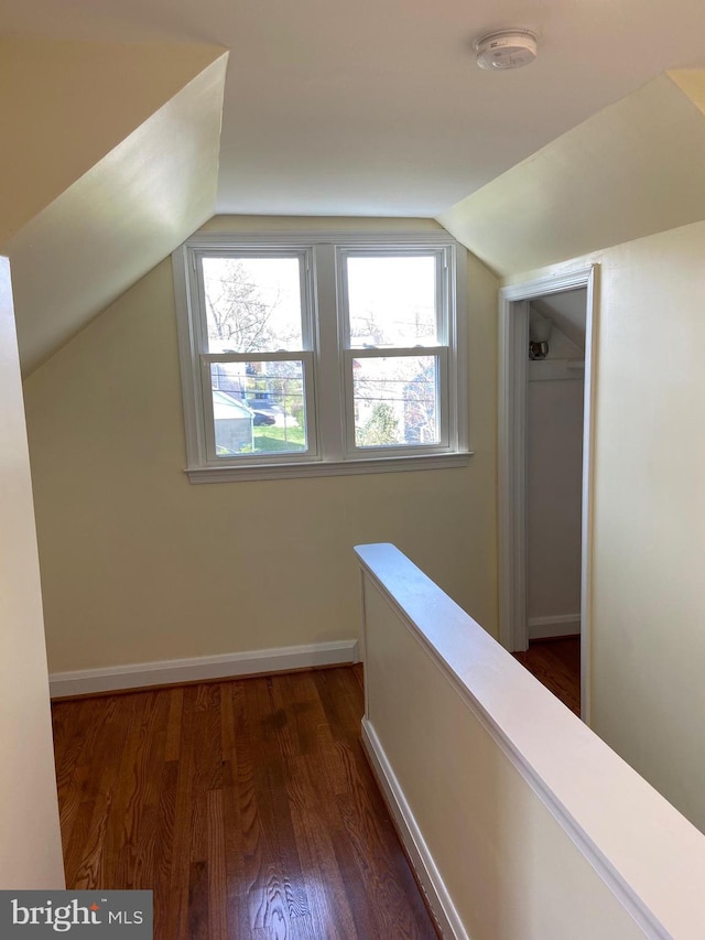 corridor with lofted ceiling and dark wood-type flooring