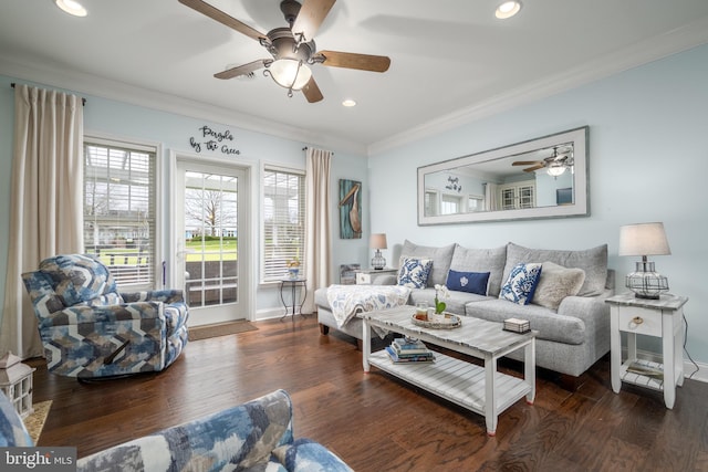 living room featuring ceiling fan and dark wood-type flooring