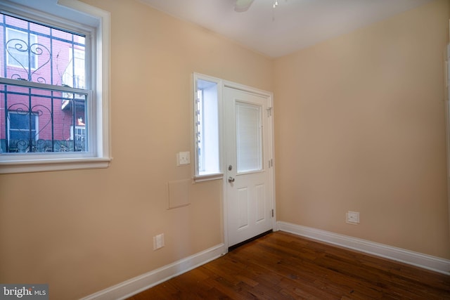 doorway to outside featuring a healthy amount of sunlight, ceiling fan, and dark hardwood / wood-style flooring