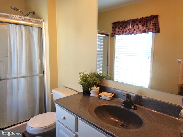 bathroom with a shower with shower door, toilet, vanity, and a healthy amount of sunlight