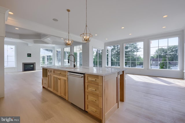 5824 Wild Lilac Dr, Lot East Petersburg, PA 17520 - kitchen featuring stainless steel dishwasher, open floor plan, light wood-style floors, and a fireplace