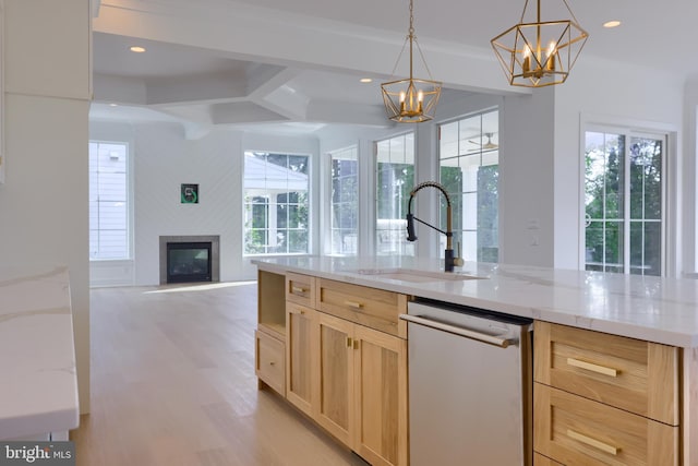 5824 Wild Lilac Dr, Lot East Petersburg, PA 17520 - kitchen with a sink, a chandelier, light brown cabinetry, open floor plan, and dishwashing machine