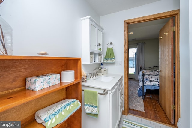 interior space featuring large vanity and hardwood / wood-style flooring