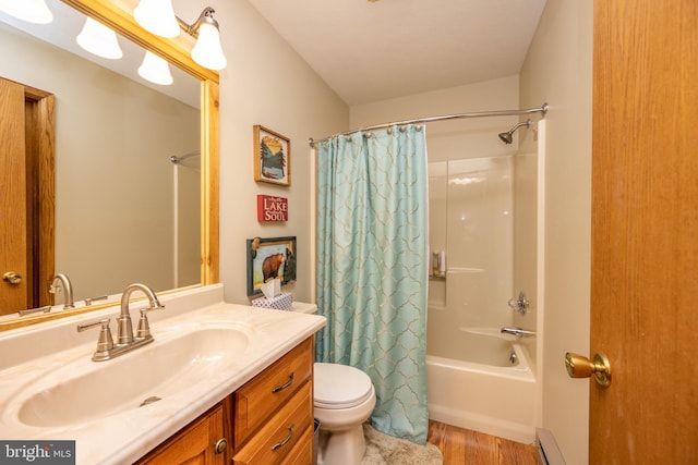 full bathroom with toilet, shower / bathtub combination with curtain, vanity, hardwood / wood-style floors, and a baseboard radiator