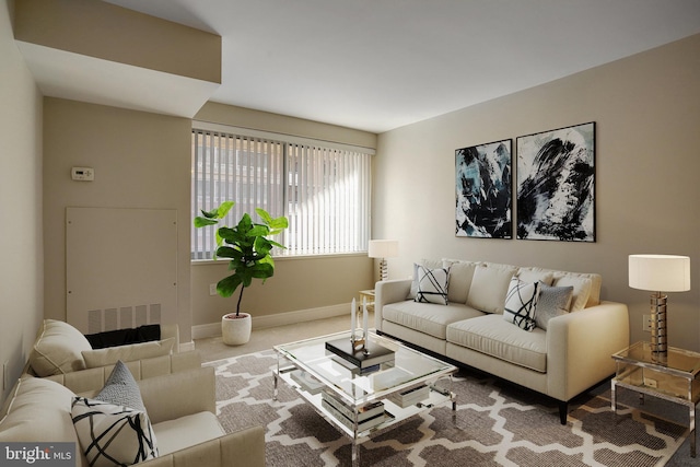 living room featuring light colored carpet