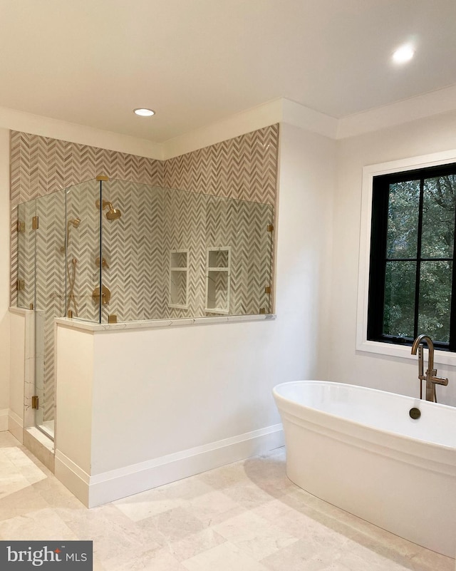 bathroom featuring tile flooring and independent shower and bath