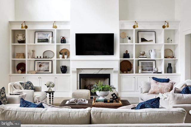 living room featuring a premium fireplace and hardwood / wood-style flooring