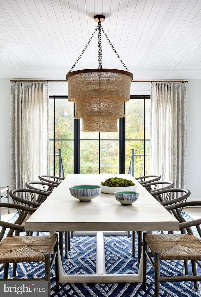 dining room with wooden ceiling