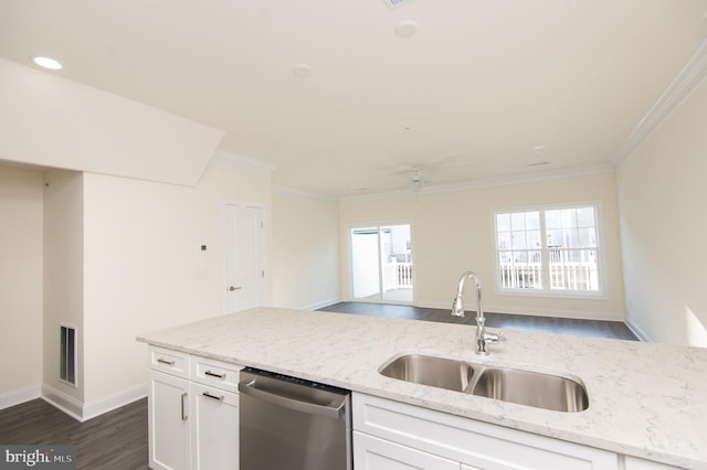 300 Dixon St Unit 202, Easton, MD 21601 - kitchen with dishwasher, dark wood finished floors, crown molding, white cabinetry, and light stone counters