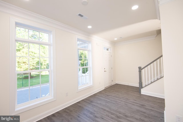 300 Dixon St Unit 202, Easton, MD 21601 - entrance foyer featuring ornamental molding, dark wood-style floors, stairs, and recessed lighting