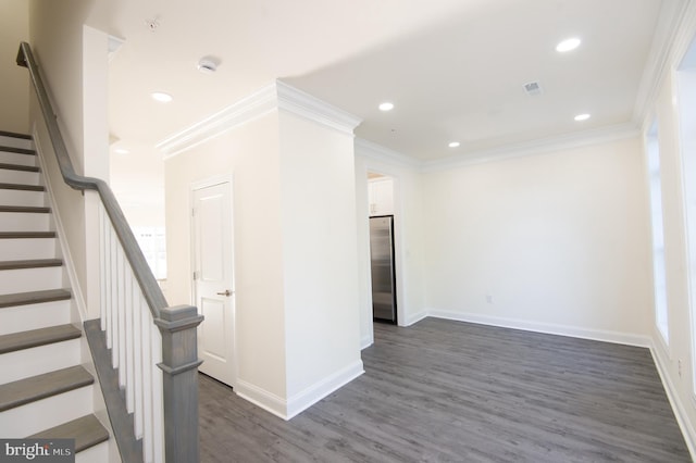 300 Dixon St Unit 202, Easton, MD 21601 - stairway with wood finished floors, ornamental molding, and recessed lighting