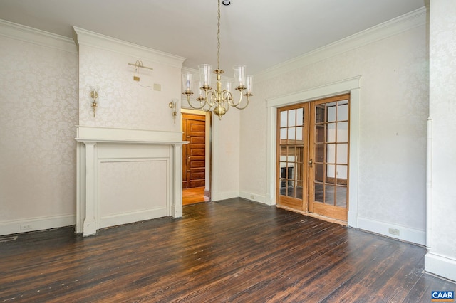 unfurnished dining area with crown molding and dark hardwood / wood-style flooring