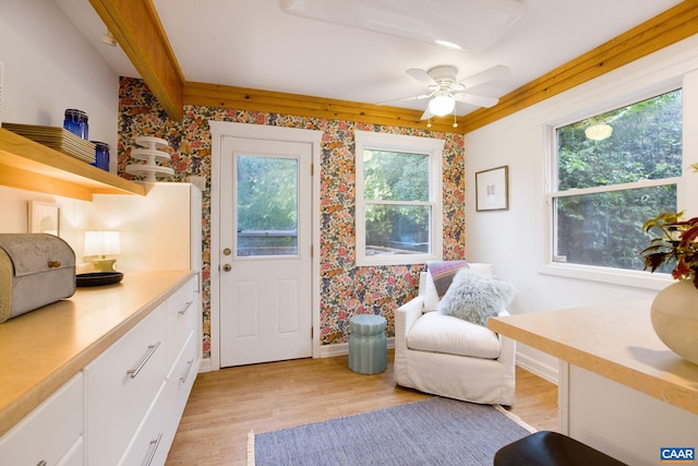 interior space with ceiling fan and light hardwood / wood-style flooring