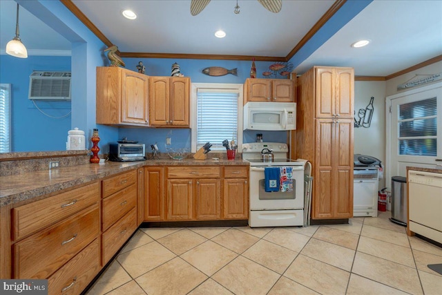 kitchen with white appliances, ceiling fan, crown molding, pendant lighting, and light tile patterned flooring