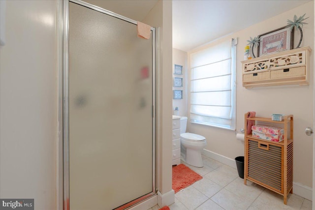 bathroom with tile patterned flooring, an enclosed shower, and toilet