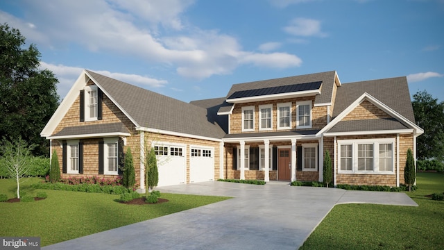 craftsman inspired home featuring covered porch, a front lawn, and a garage