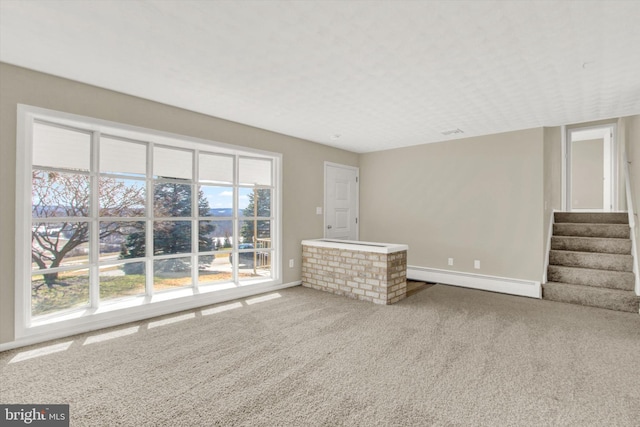 carpeted spare room with a baseboard heating unit and a wealth of natural light