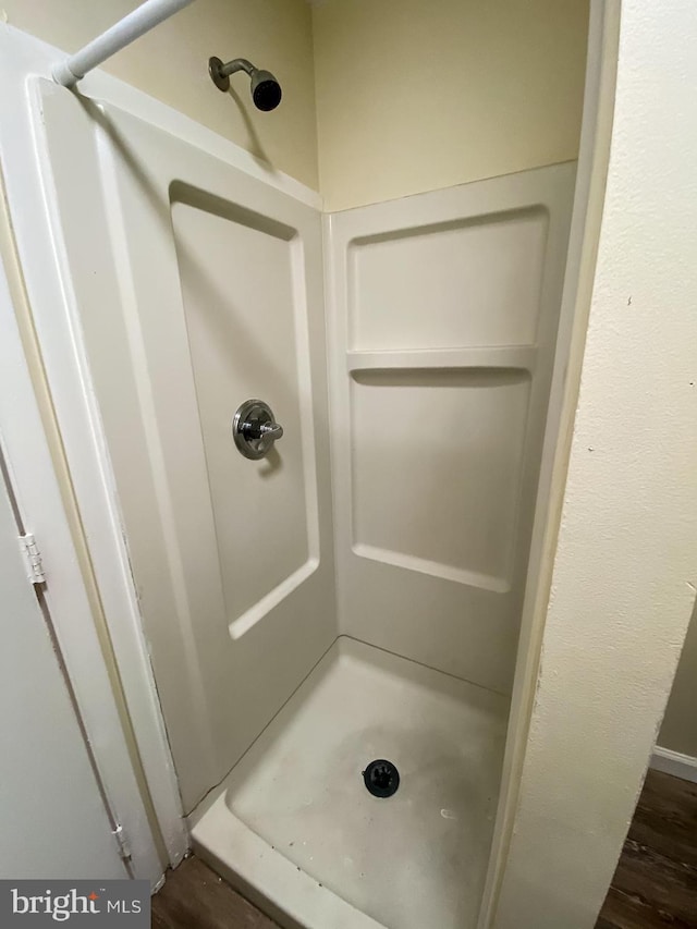 bathroom featuring walk in shower and hardwood / wood-style flooring