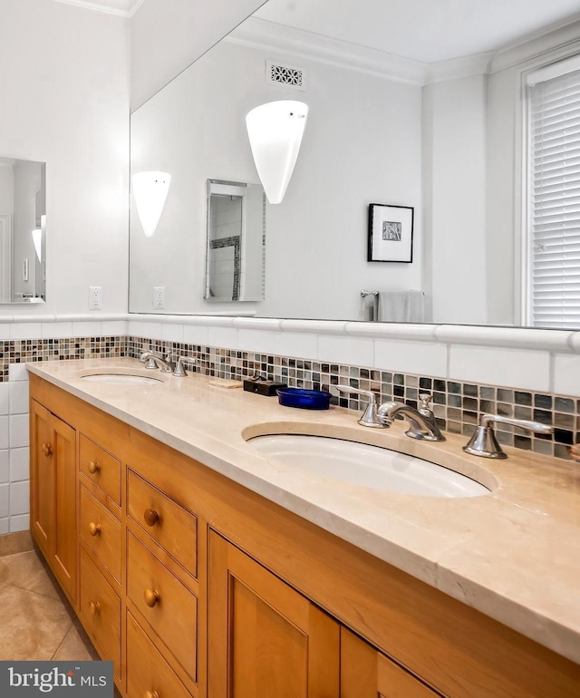 bathroom with crown molding, tile patterned floors, vanity, and tile walls