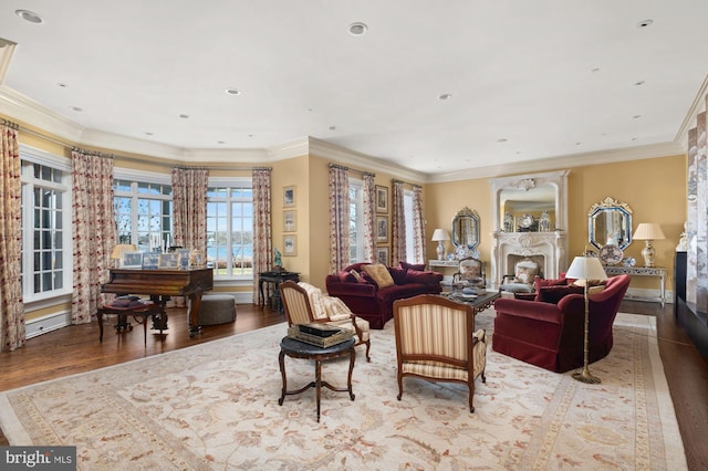 living room with crown molding and dark wood-type flooring