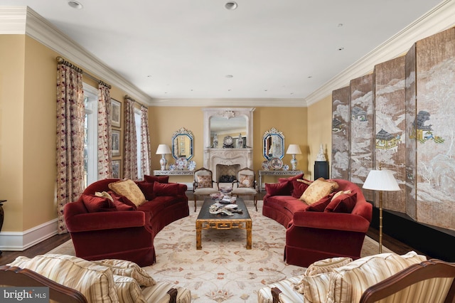 living room with hardwood / wood-style floors and ornamental molding