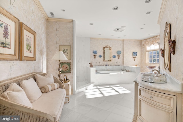 tiled bedroom featuring tile walls, ornamental molding, and sink