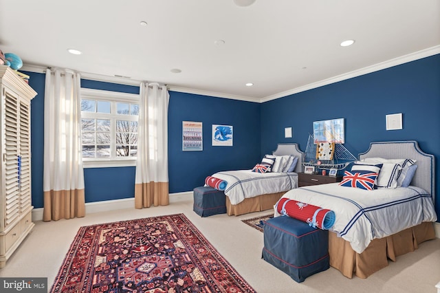 bedroom with ornamental molding and light colored carpet