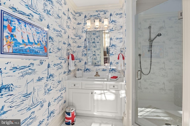 bathroom featuring crown molding, tile floors, a shower with door, and vanity