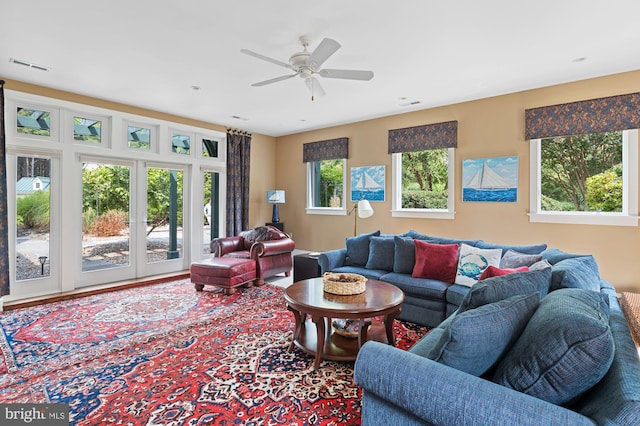 living room with ceiling fan