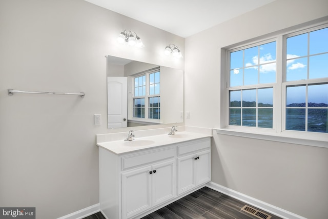 bathroom with a water view, vanity, and hardwood / wood-style floors