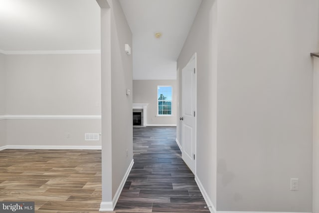 hallway featuring crown molding and dark wood-type flooring