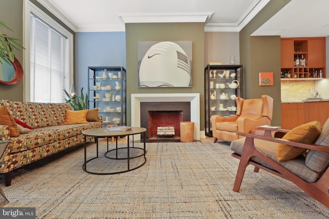 living room featuring crown molding