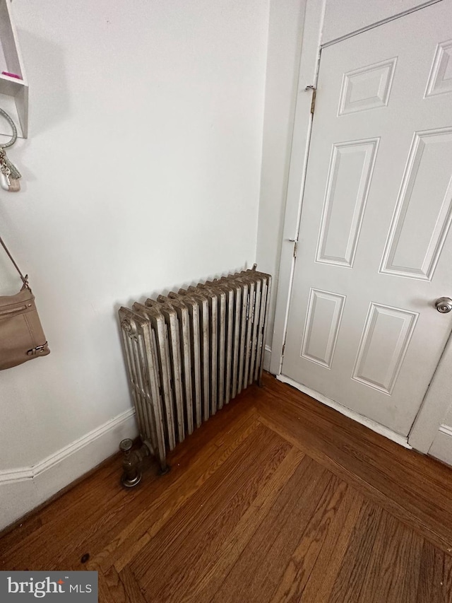 room details featuring dark hardwood / wood-style floors and radiator