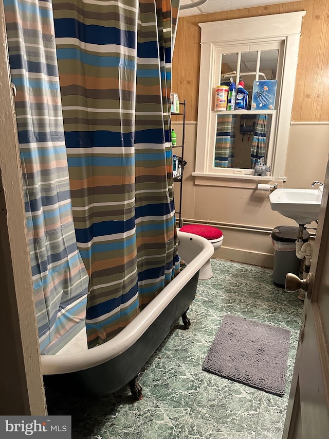 bathroom featuring wooden walls